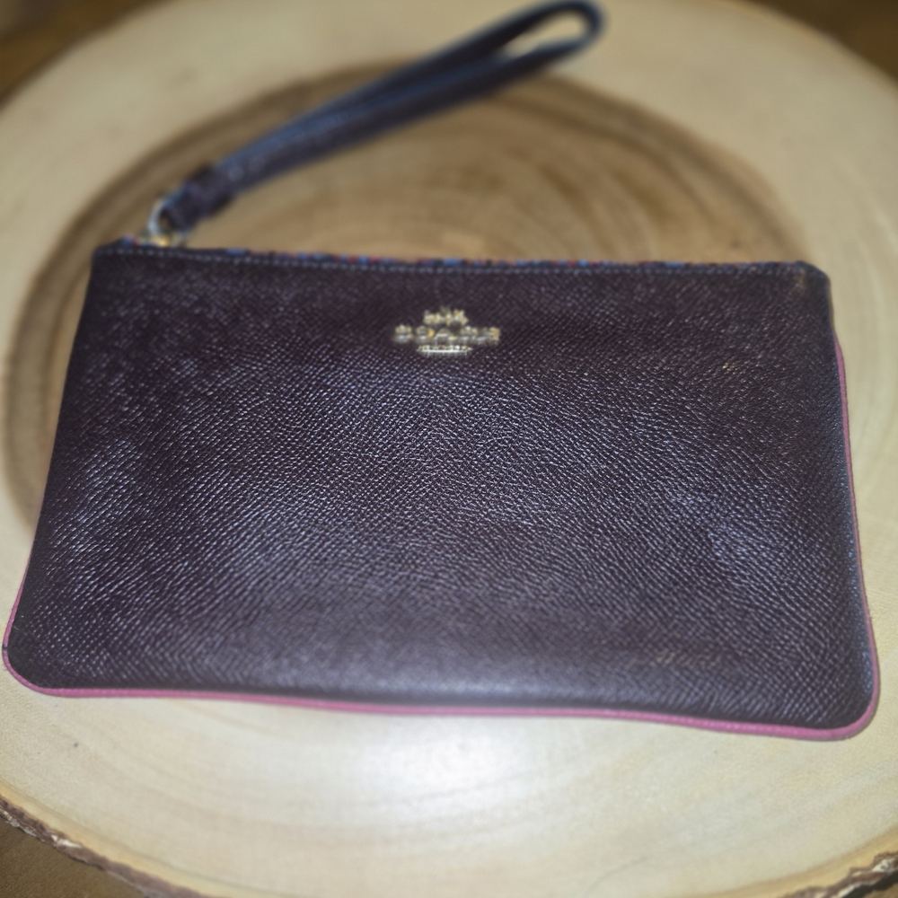 Coach Pebbled Leather Wristlet in Oxblood with Pink Trim 6.25" X 4"